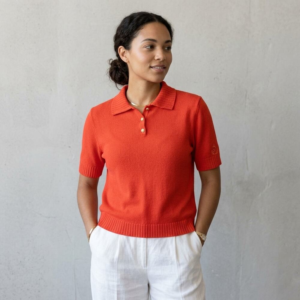 St John Sport Marie Gray Polo Medium Orange Knit Sweater Preppy Y2K Golf Coastal